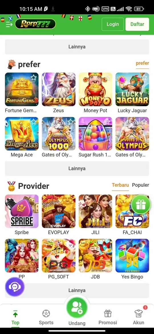 RP777 - Halaman Utama dengan Daftar Provider